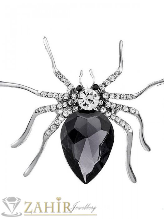 Дамски бижута - Изящна изработка паяк брошка с голям черен кристал и малки бели камъни,размери 6 на 5 см, сребриста основа - B1286